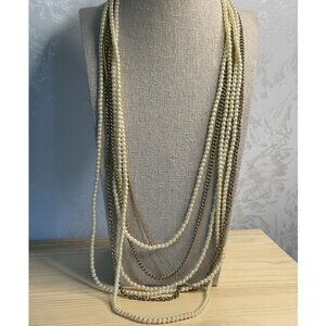 Vintage Style Multi-Strand Faux Pearl & Gold Chain Necklace